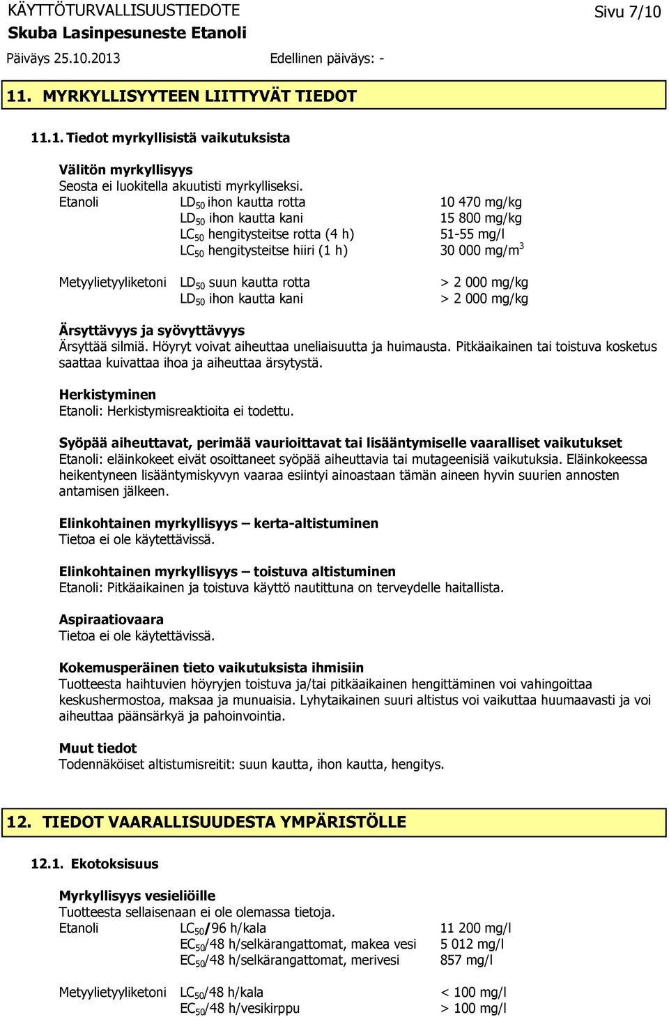 suun kautta rotta LD 50 ihon kautta kani > 2 000 mg/kg > 2 000 mg/kg Ärsyttävyys ja syövyttävyys Ärsyttää silmiä. Höyryt voivat aiheuttaa uneliaisuutta ja huimausta.