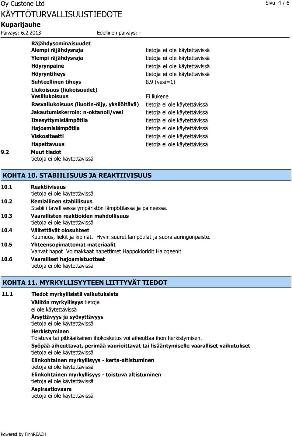 1 Reaktiivisuus 10.2 Kemiallinen stabiilisuus Stabiili tavallisessa ympäristön lämpötilassa ja paineessa. 10.3 Vaarallisten reaktioiden mahdollisuus 10.