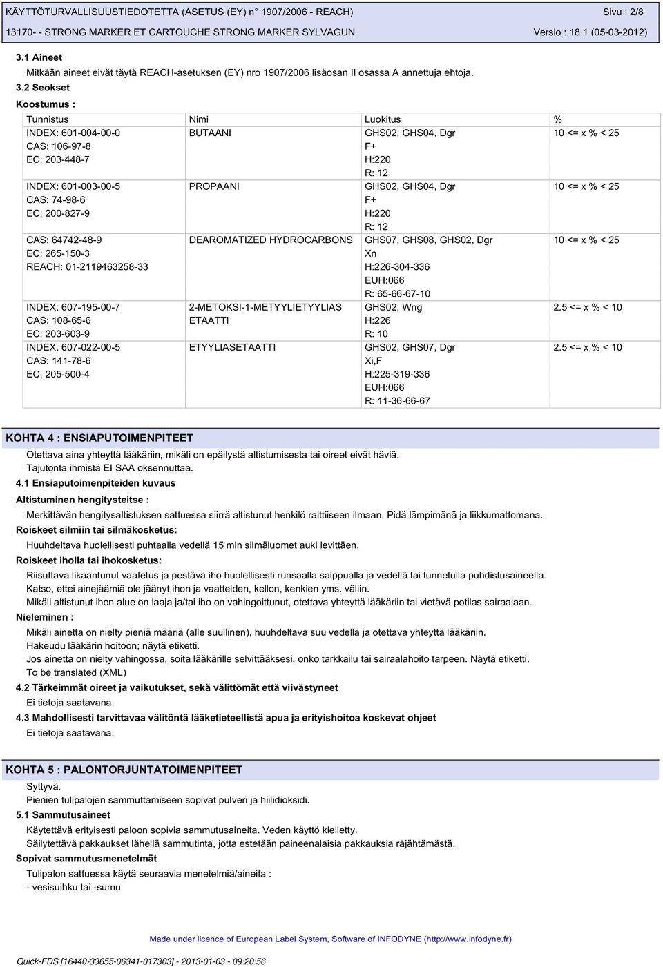 2 Seokset Koostumus : Tunnistus Nimi Luokitus % INDEX: 601-004-00-0 BUTAANI GHS02, GHS04, Dgr 10 <= x % < 25 CAS: 106-97-8 F+ EC: 203-448-7 H:220 R: 12 INDEX: 601-003-00-5 PROPAANI GHS02, GHS04, Dgr