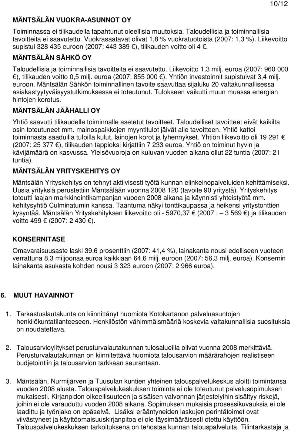 MÄNTSÄLÄN SÄHKÖ OY Taloudellisia ja toiminnallisia tavoitteita ei saavutettu. Liikevoitto 1,3 milj. euroa (2007: 960 000 ), tilikauden voitto 0,5 milj. euroa (2007: 855 000 ).