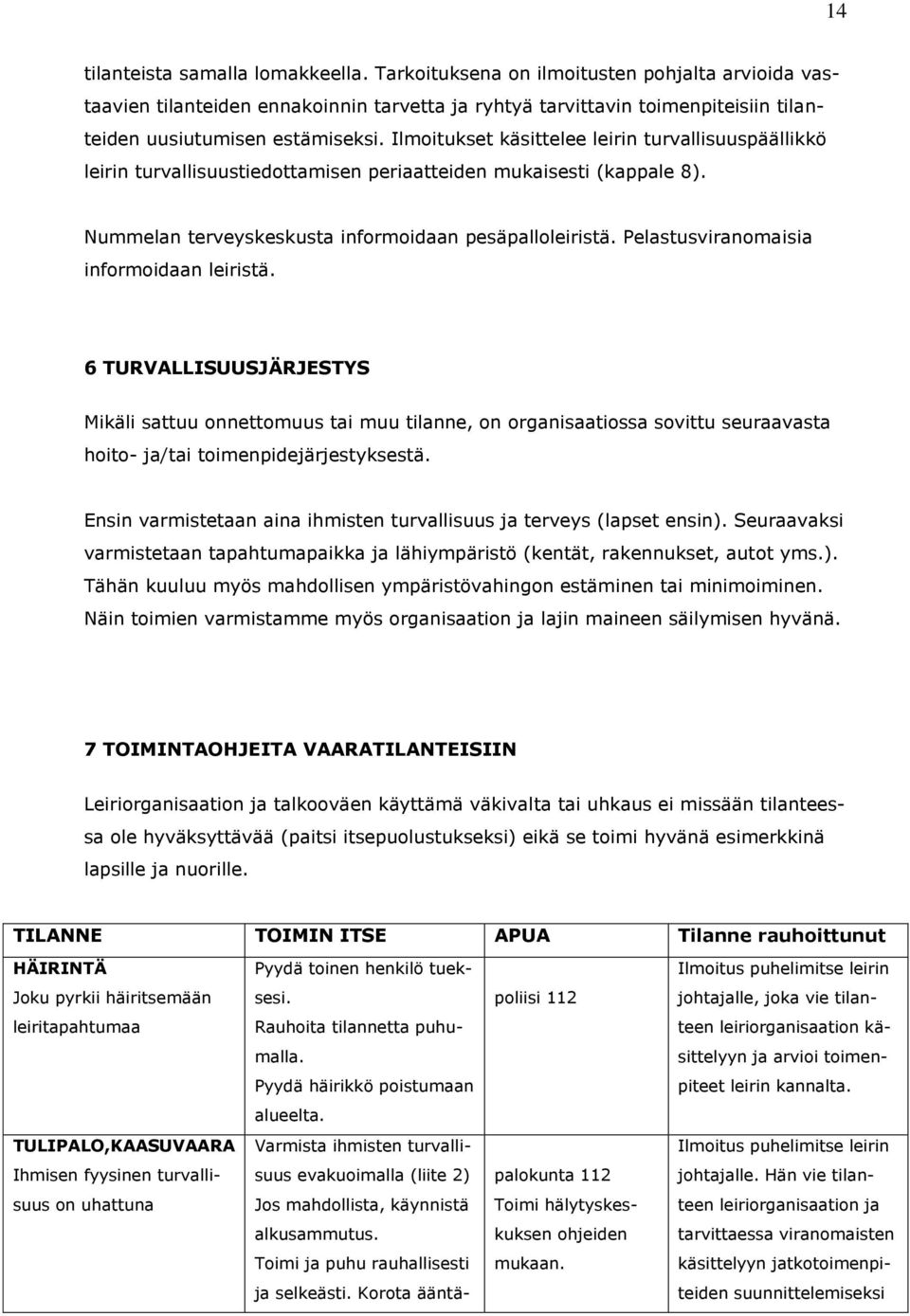 Ilmoitukset käsittelee leirin turvallisuuspäällikkö leirin turvallisuustiedottamisen periaatteiden mukaisesti (kappale 8). Nummelan terveyskeskusta informoidaan pesäpalloleiristä.