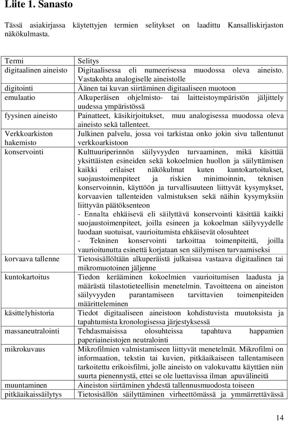 Vastakohta analogiselle aineistolle digitointi Äänen tai kuvan siirtäminen digitaaliseen muotoon emulaatio Alkuperäisen ohjelmisto- tai laitteistoympäristön jäljittely uudessa ympäristössä fyysinen