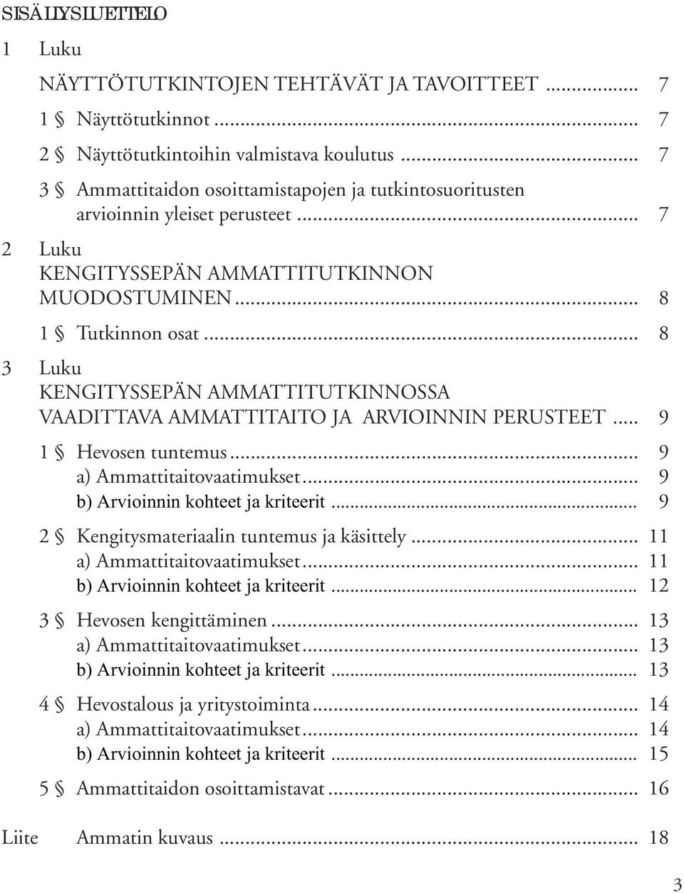 .. 8 3 Luku KENGITYSSEPÄN AMMATTITUTKINNOSSA VAADITTAVA AMMATTITAITO JA ARVIOINNIN PERUSTEET... 9 1 Hevosen tuntemus... 9 a) Ammattitaitovaatimukset... 9 b) Arvioinnin kohteet ja kriteerit.