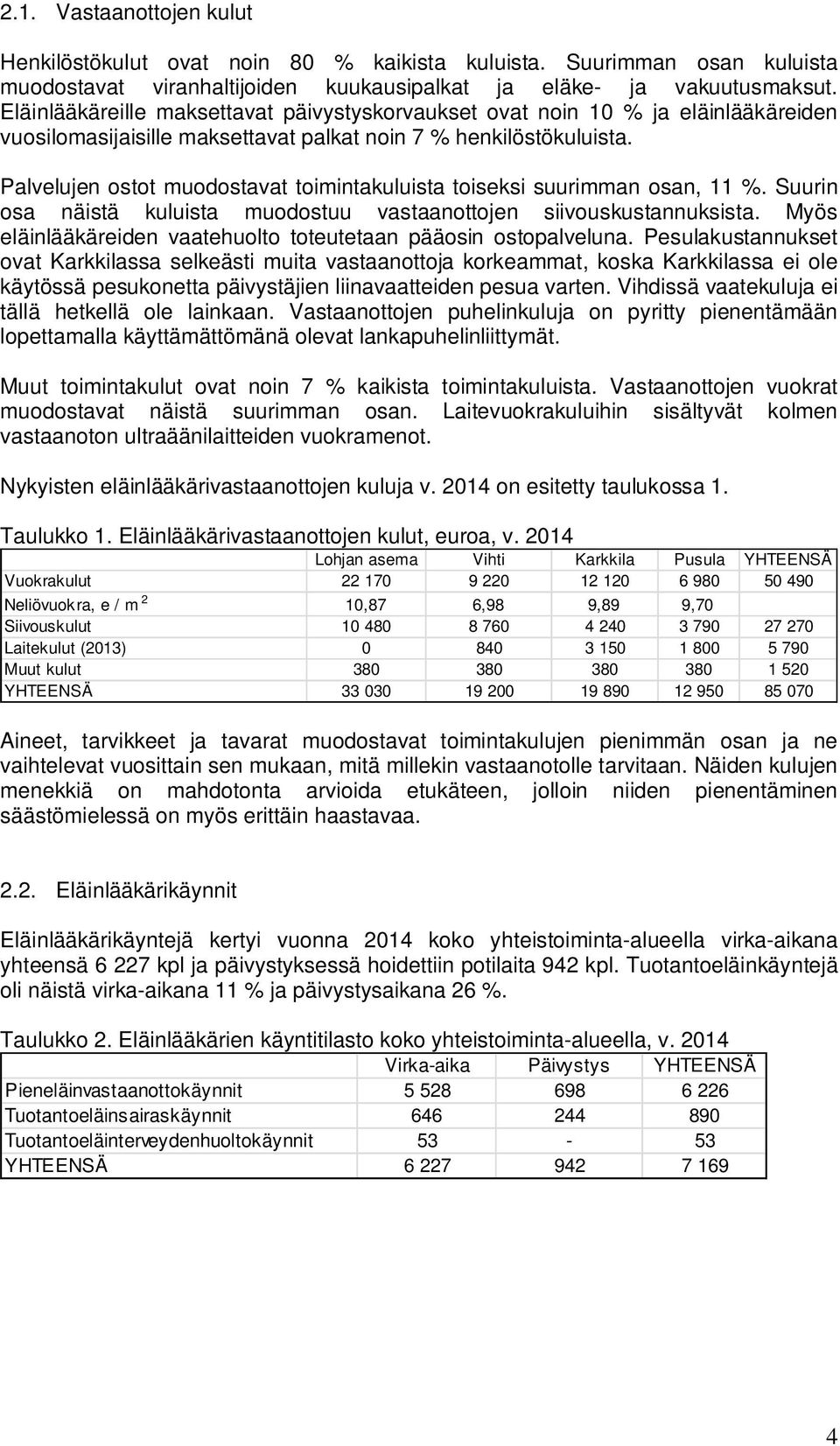 Palvelujen ostot muodostavat toimintakuluista toiseksi suurimman osan, 11 %. Suurin osa näistä kuluista muodostuu vastaanottojen siivouskustannuksista.