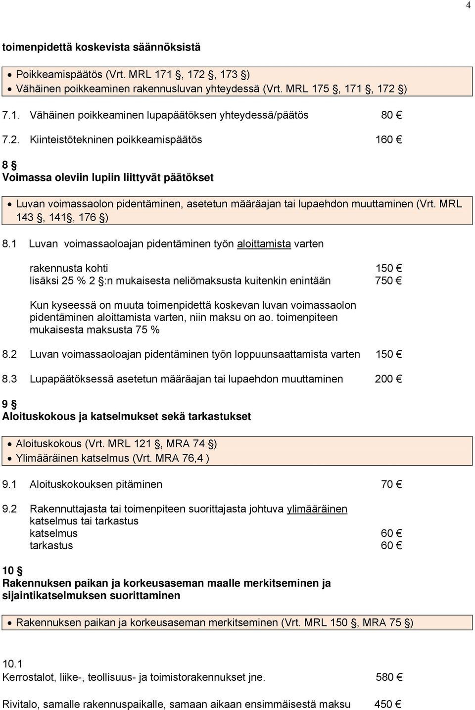 1 Luvan voimassaoloajan pidentäminen työn aloittamista varten rakennusta kohti 150 lisäksi 25 % 2 :n mukaisesta neliömaksusta kuitenkin enintään 750 Kun kyseessä on muuta toimenpidettä koskevan luvan