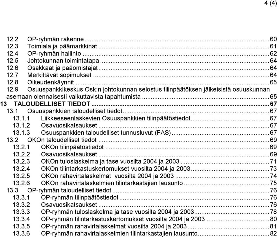 ..67 13.1 Osuuspankkien taloudelliset tiedot...67 13.1.1 Liikkeeseenlaskevien Osuuspankkien tilinpäätöstiedot...67 13.1.2 Osavuosikatsaukset...67 13.1.3 Osuuspankkien taloudelliset tunnusluvut (FAS).
