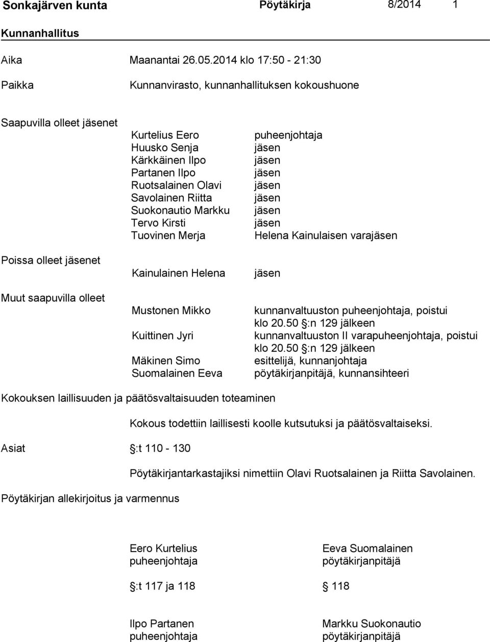 Ilpo Ruotsalainen Olavi Savolainen Riitta Suokonautio Markku Tervo Kirsti Tuovinen Merja Kainulainen Helena Mustonen Mikko Kuittinen Jyri Mäkinen Simo Suomalainen Eeva puheenjohtaja jäsen jäsen jäsen