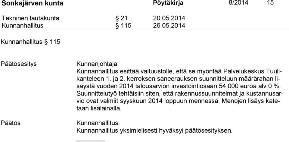 2014 Kunnanhallitus 115 esitys Kunnanjohtaja: Kunnanhallitus esittää valtuustolle, että se myöntää Palvelukeskus Tuu likan te leen 1. ja 2.