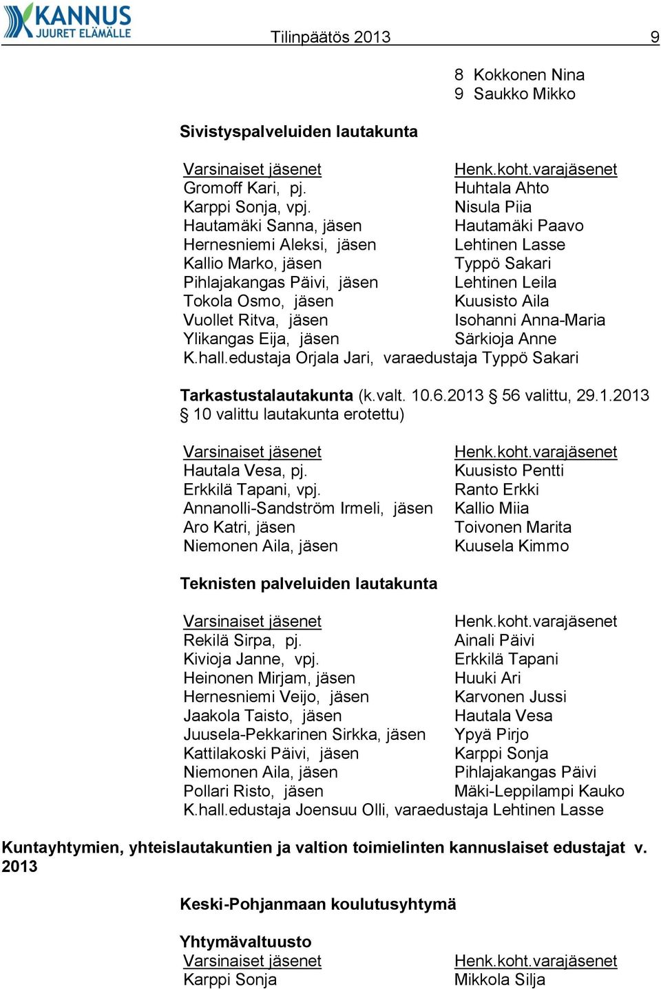 Vuollet Ritva, jäsen Isohanni Anna-Maria Ylikangas Eija, jäsen Särkioja Anne K.hall.edustaja Orjala Jari, varaedustaja Typpö Sakari Tarkastustalautakunta (k.valt. 10