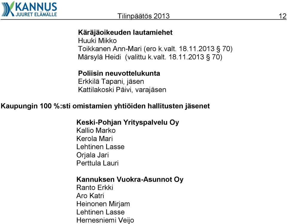 2013 70) Poliisin neuvottelukunta Erkkilä Tapani, jäsen Kattilakoski Päivi, varajäsen Kaupungin 100 %:sti omistamien