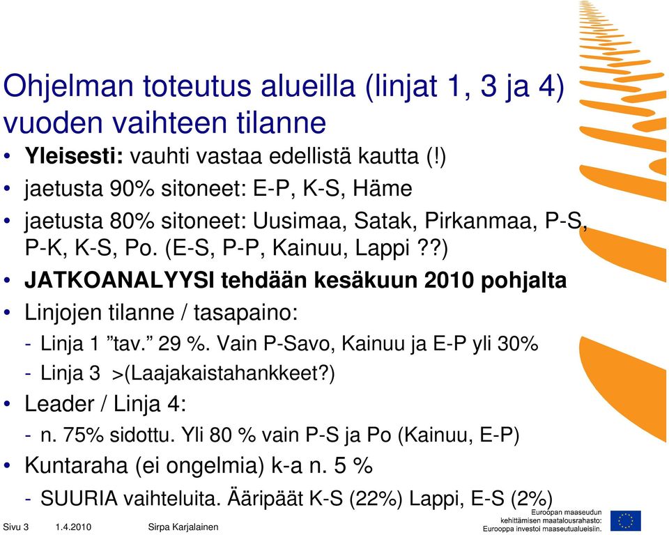 ?) JATKOANALYYSI tehdään kesäkuun 2010 pohjalta Linjojen tilanne / tasapaino: - Linja 1 tav. 29 %.