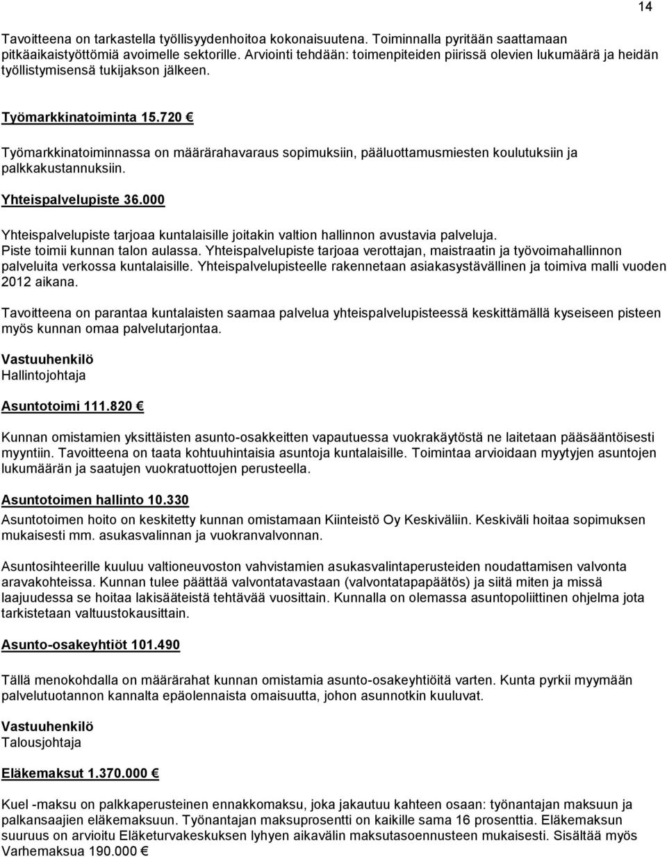 720 Työmarkkinatoiminnassa on määrärahavaraus sopimuksiin, pääluottamusmiesten koulutuksiin ja palkkakustannuksiin. Yhteispalvelupiste 36.