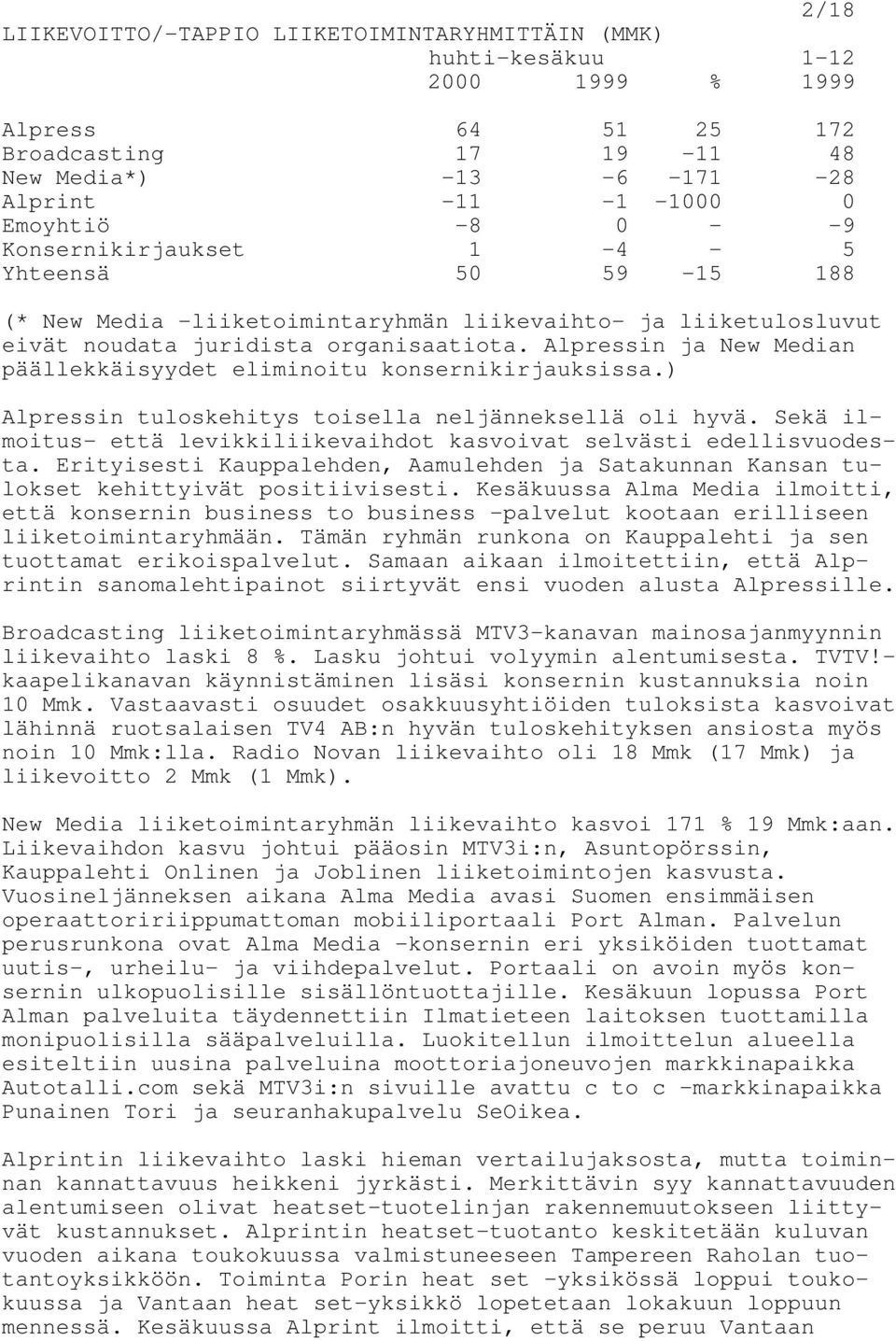 Alpressin ja New Median päällekkäisyydet eliminoitu konsernikirjauksissa.) Alpressin tuloskehitys toisella neljänneksellä oli hyvä.