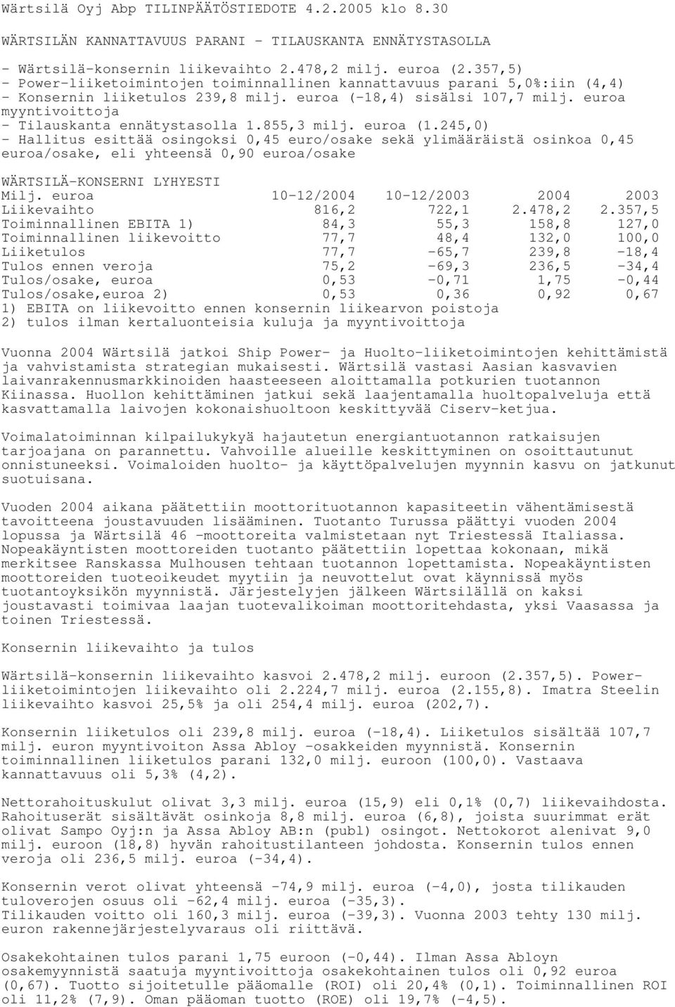 euroa myyntivoittoja - Tilauskanta ennätystasolla 1.855,3 milj. euroa (1.