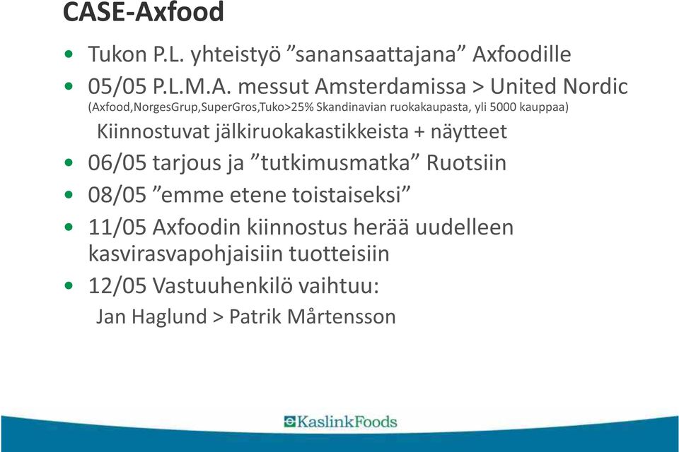 jälkiruokakastikkeista + näytteet 06/05 tarjous ja tutkimusmatka Ruotsiin 08/05 emme etene toistaiseksi 11/05