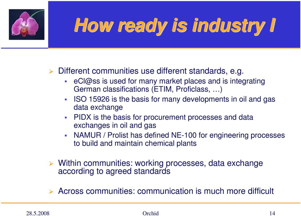 in oil and gas data exchange PIDX is the basis for procurement processes and data exchanges in oil and gas NAMUR / Prolist has defined NE-100 for
