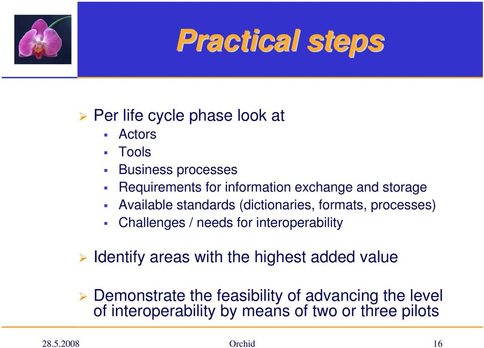 Challenges / needs for interoperability Identify areas with the highest added value Demonstrate