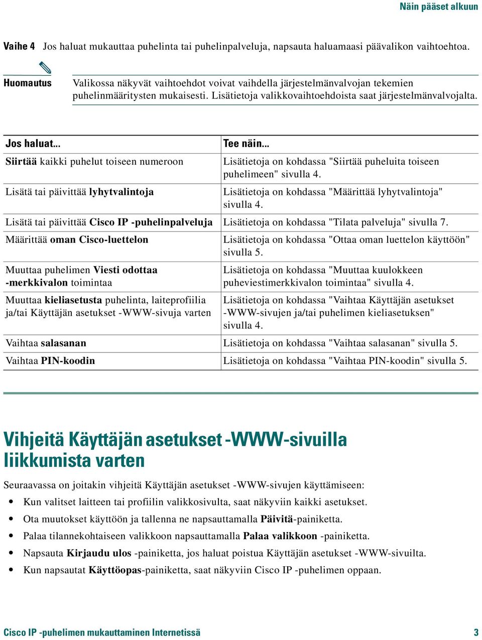 .. Siirtää kaikki puhelut toiseen numeroon Tee näin... Lisätietoja on kohdassa "Siirtää puheluita toiseen puhelimeen" sivulla 4.