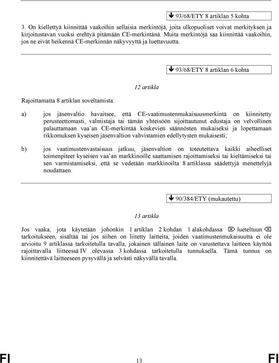 93/68/ETY 8 artiklan 6 kohta Rajoittamatta 8 artiklan soveltamista: 12 artikla a) jos jäsenvaltio havaitsee, että CE-vaatimustenmukaisuusmerkintä on kiinnitetty perusteettomasti, valmistaja tai tämän