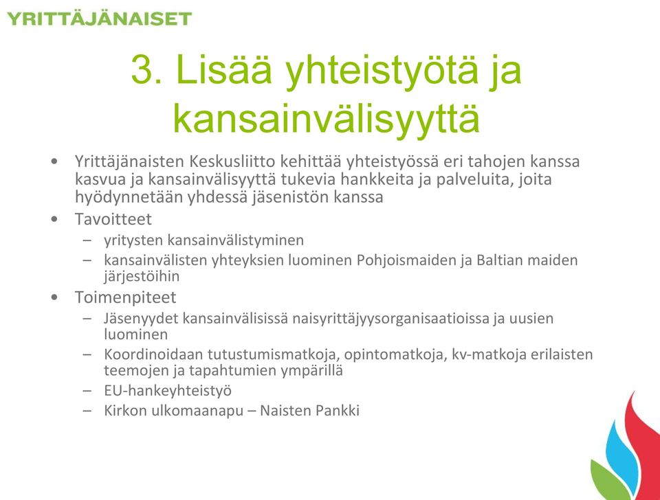 luominen Pohjoismaiden ja Baltian maiden järjestöihin Toimenpiteet Jäsenyydet kansainvälisissä naisyrittäjyysorganisaatioissa ja uusien luominen