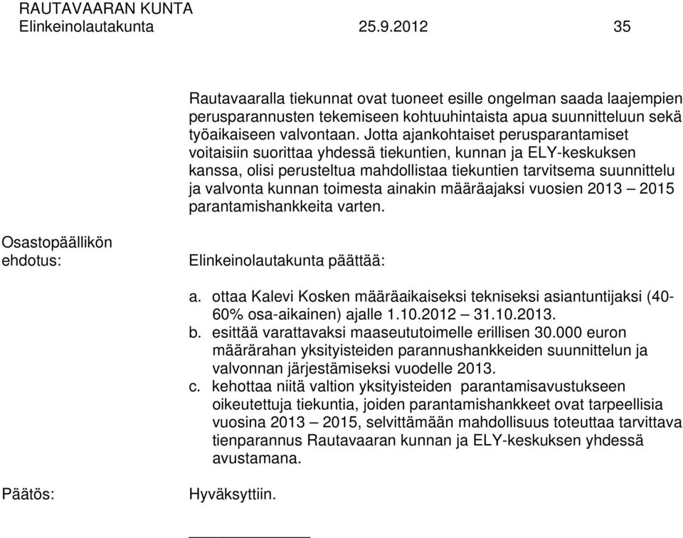 toimesta ainakin määräajaksi vuosien 2013 2015 parantamishankkeita varten. Osastopäällikön ehdotus: Elinkeinolautakunta päättää: a.