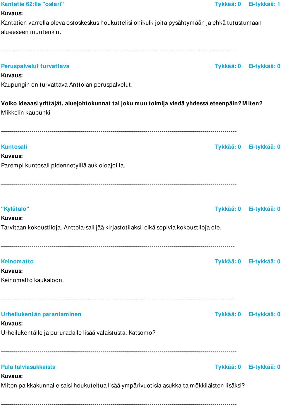 "Kylätalo" Tykkää: 0 Ei-tykkää: 0 Tarvitaan kokoustiloja. Anttola-sali jää kirjastotilaksi, eikä sopivia kokoustiloja ole. ------- Keinomatto Tykkää: 0 Ei-tykkää: 0 Keinomatto kaukaloon.