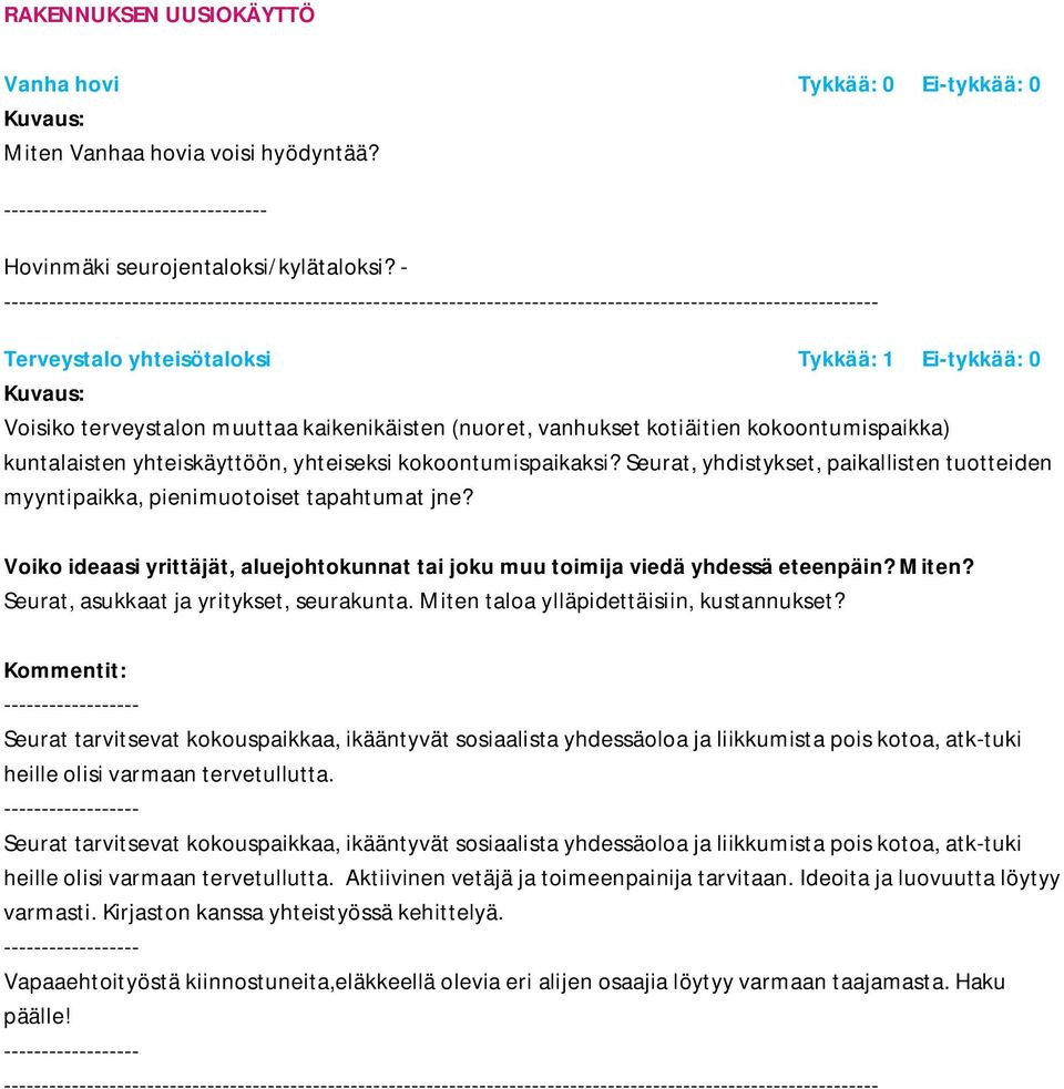 kokoontumispaikaksi? Seurat, yhdistykset, paikallisten tuotteiden myyntipaikka, pienimuotoiset tapahtumat jne? Seurat, asukkaat ja yritykset, seurakunta. Miten taloa ylläpidettäisiin, kustannukset?