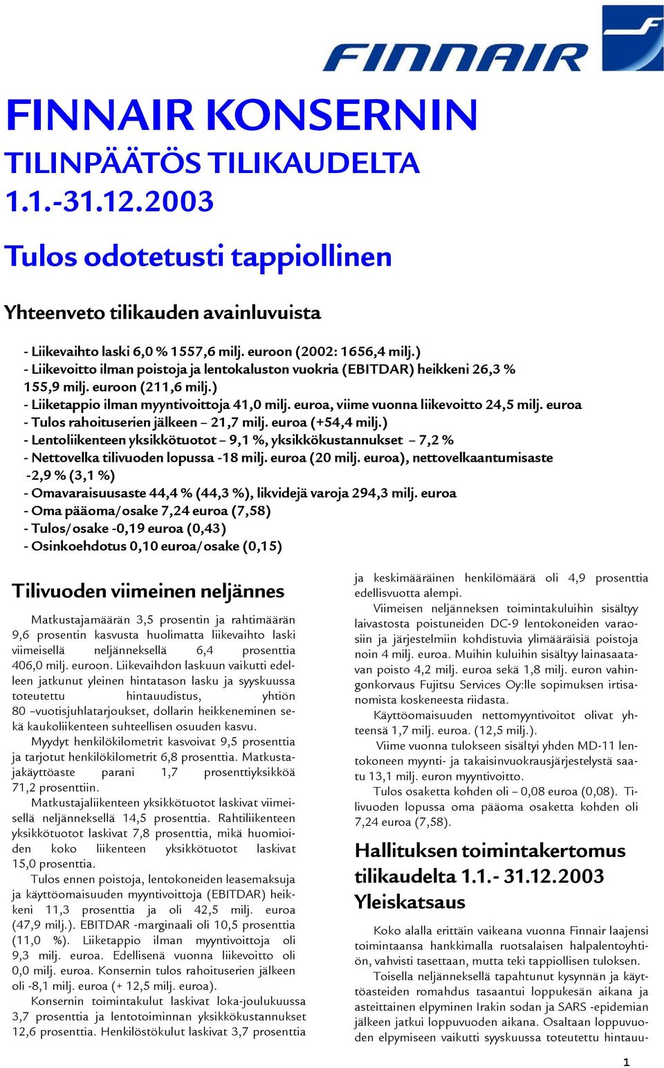 euroa, viime vuonna liikevoitto 24,5 milj. euroa - Tulos rahoituserien jälkeen 21,7 milj. euroa (+54,4 milj.