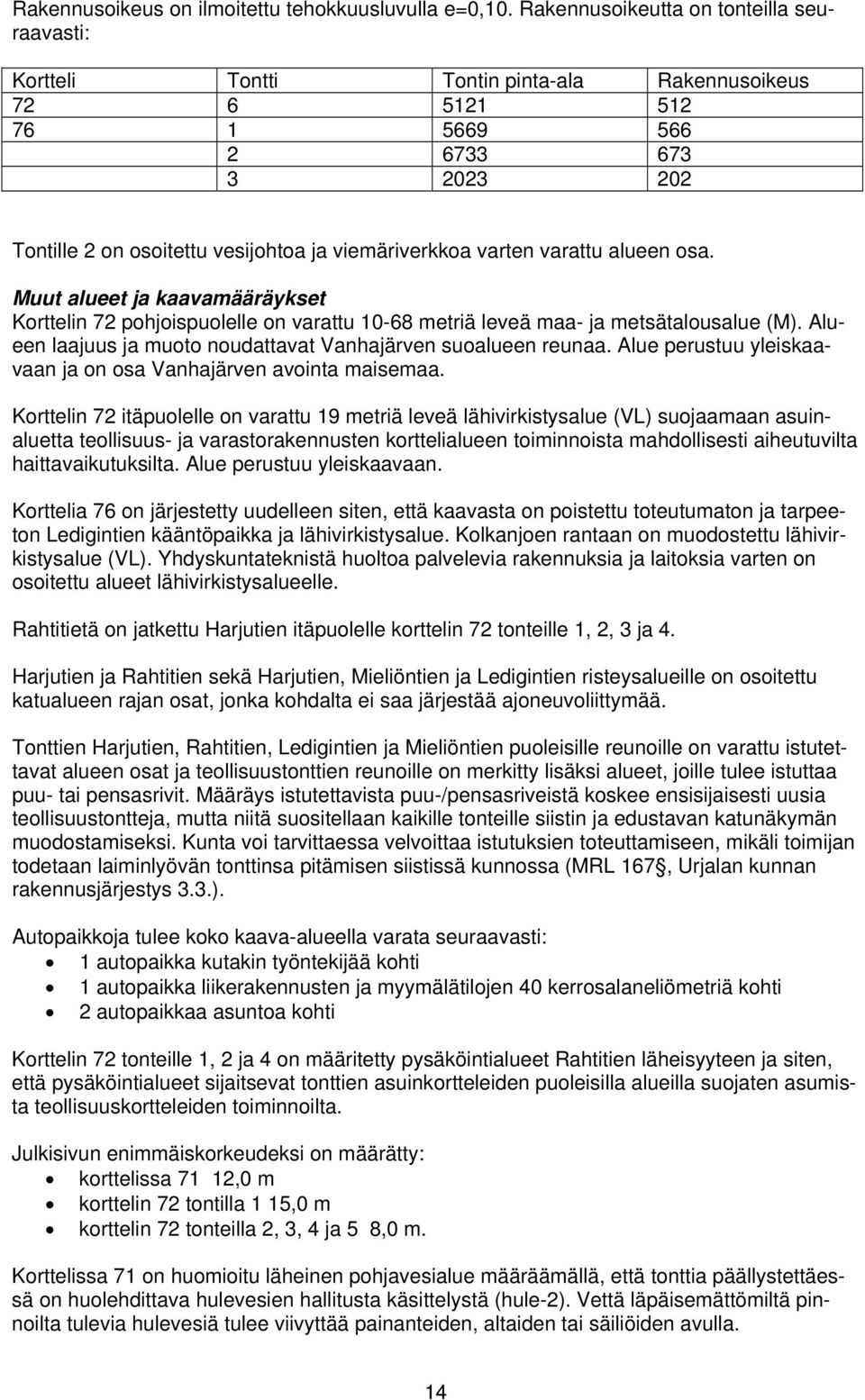 varten varattu alueen osa. Muut alueet ja kaavamääräykset Korttelin 72 pohjoispuolelle on varattu 10-68 metriä leveä maa- ja metsätalousalue (M).