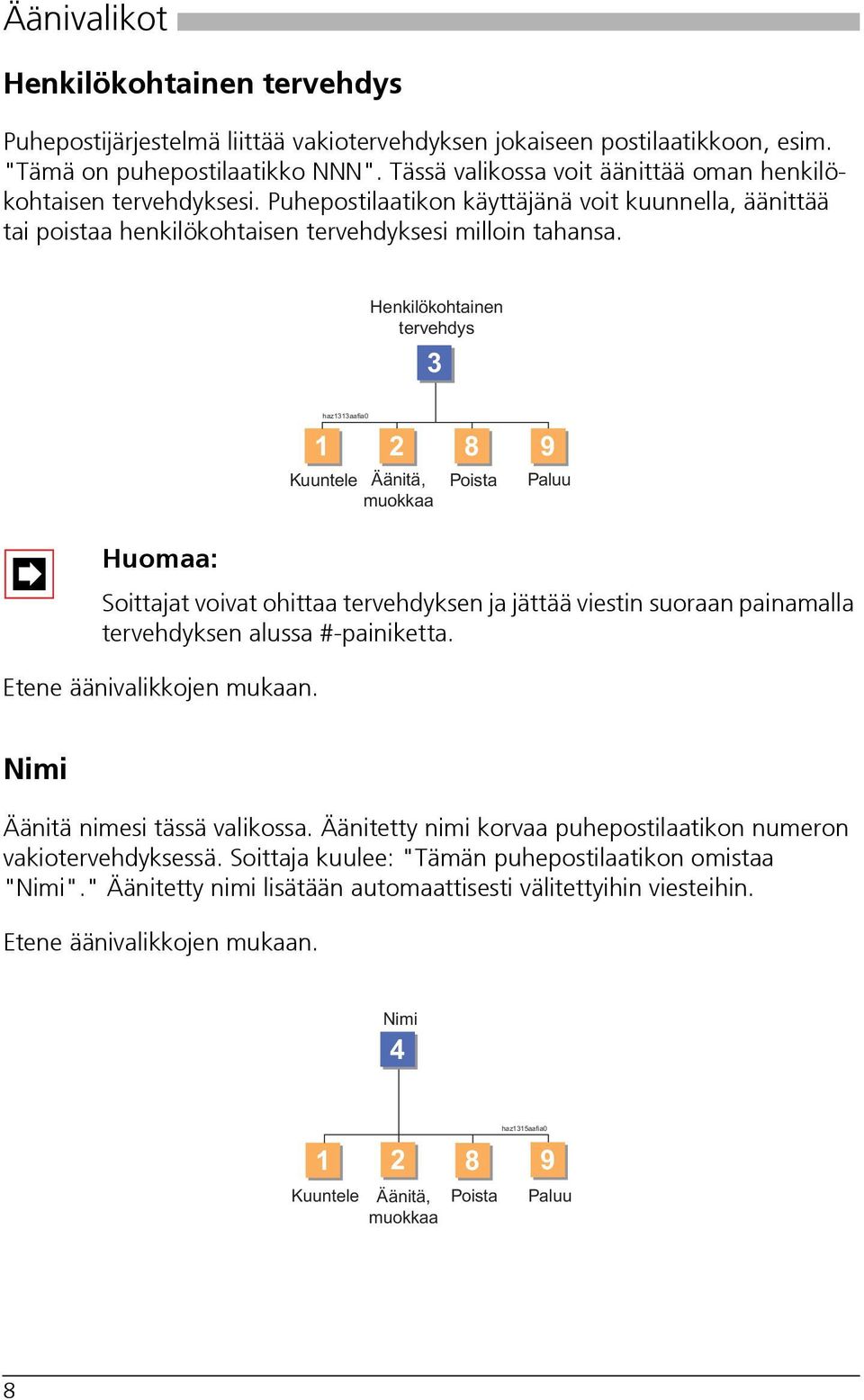 Henkilökohtainen tervehdys 3 Huomaa: Soittajat voivat ohittaa tervehdyksen ja jättää viestin suoraan painamalla tervehdyksen alussa #-painiketta. Etene äänivalikkojen mukaan.