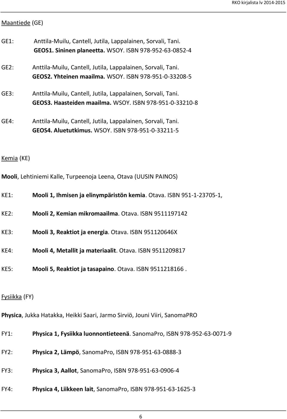 GEOS3. Haasteiden maailma. WSOY. ISBN 978-951-0-33210-8 Anttila-Muilu, Cantell, Jutila, Lappalainen, Sorvali, Tani. GEOS4. Aluetutkimus. WSOY. ISBN 978-951-0-33211-5 Kemia (KE) Mooli, Lehtiniemi Kalle, Turpeenoja Leena, Otava (UUSIN PAINOS) KE1: Mooli 1, Ihmisen ja elinympäristön kemia.