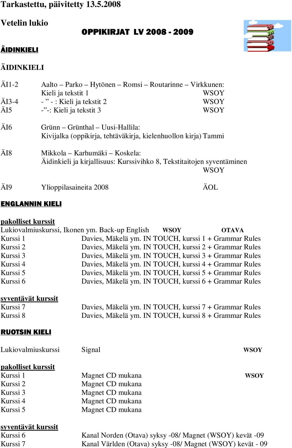 ÄI6 ÄI8 Grünn Grünthal Uusi-Hallila: Kivijalka (oppikirja, tehtäväkirja, kielenhuollon kirja) Tammi Mikkola Karhumäki Koskela: Äidinkieli ja kirjallisuus: Kurssivihko 8, Tekstitaitojen syventäminen