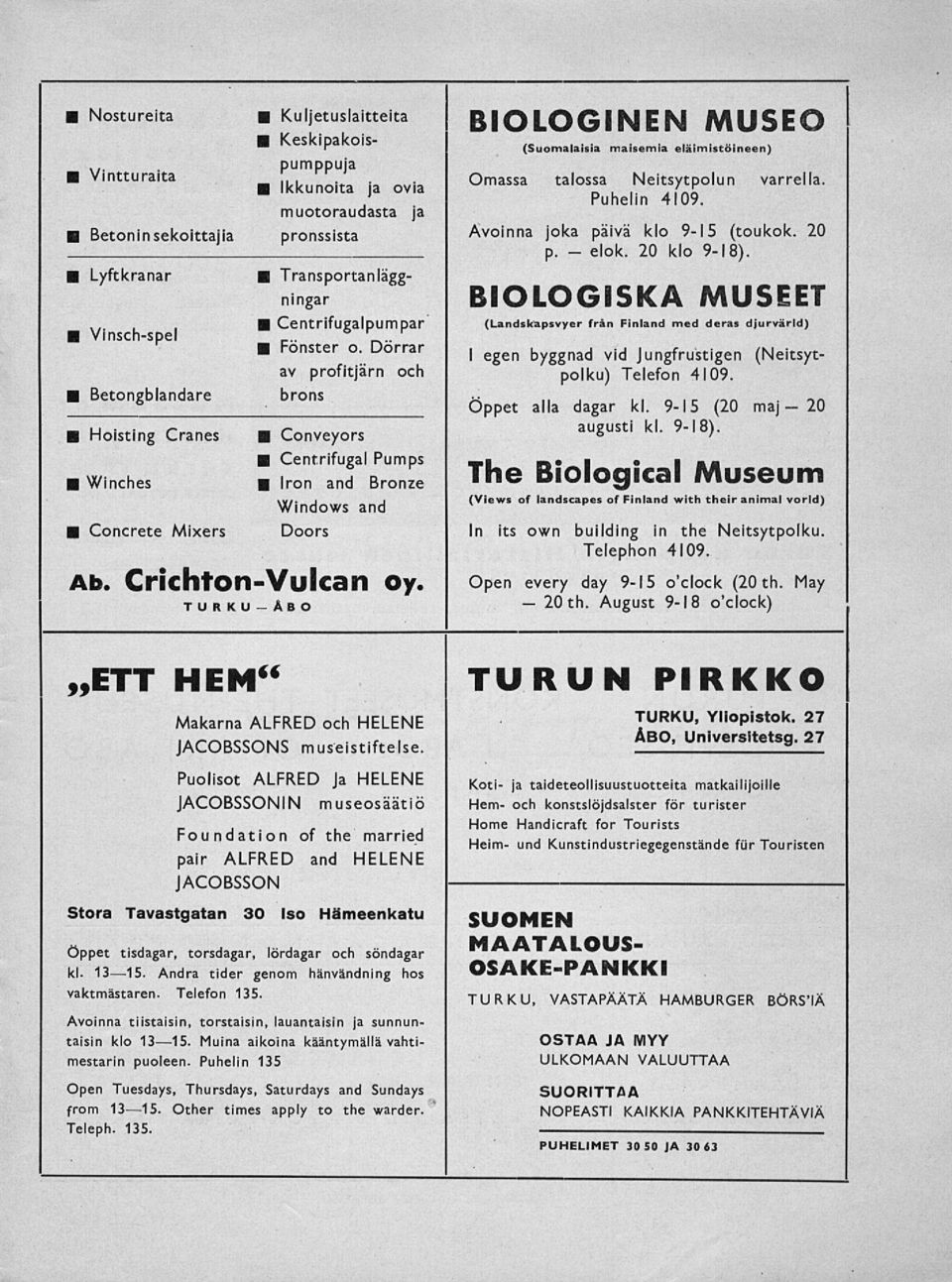 pronssista Transportanläggningar Centrifugalpumpar Fönster o. Dörrar av profitjärn och brons Conveyors Centrifugal Pumps Iron and Bronze Windows and Doors Ab. Crichton-Vulcan oy.