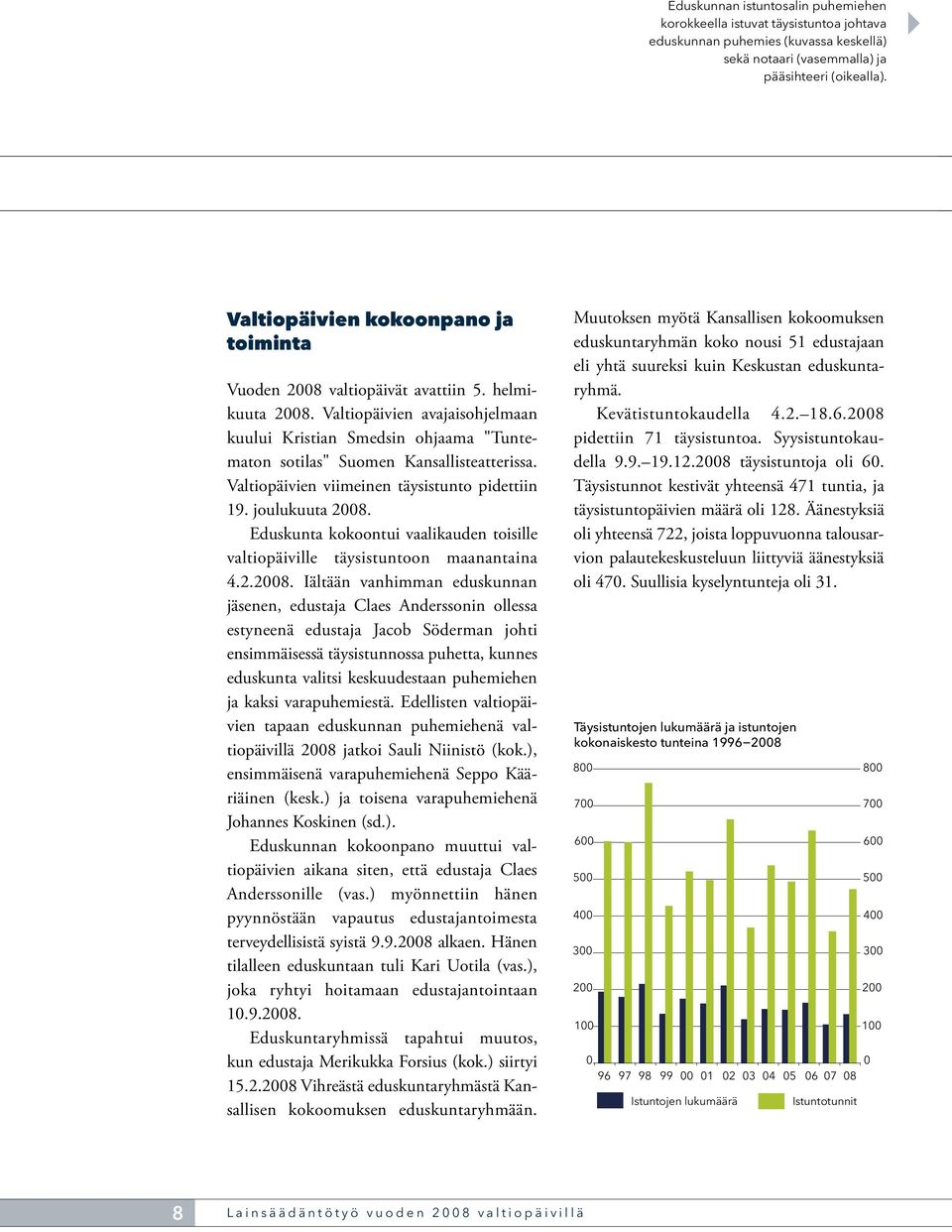 Valtiopäivien avajaisohjelmaan kuului Kristian Smedsin ohjaama "Tuntematon sotilas" Suomen Kansallisteatterissa. Valtiopäivien viimeinen täysistunto pidettiin 19. joulukuuta 2008.