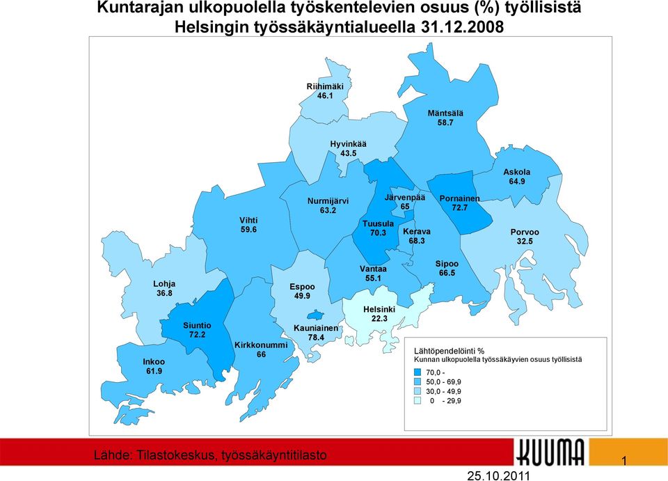 8 Inkoo 61.9 Siuntio 72.2 Kirkkonummi 66 Espoo 49.9 Kauniainen 78.4 Vantaa 55.1 Helsinki 22.3 Sipoo 66.