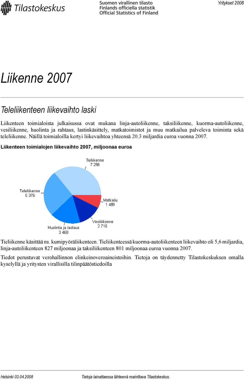 Liikenteen toimialojen liikevaihto 2007, miljoonaa euroa Tieliikenne käsittää ns. kumipyöräliikenteen.