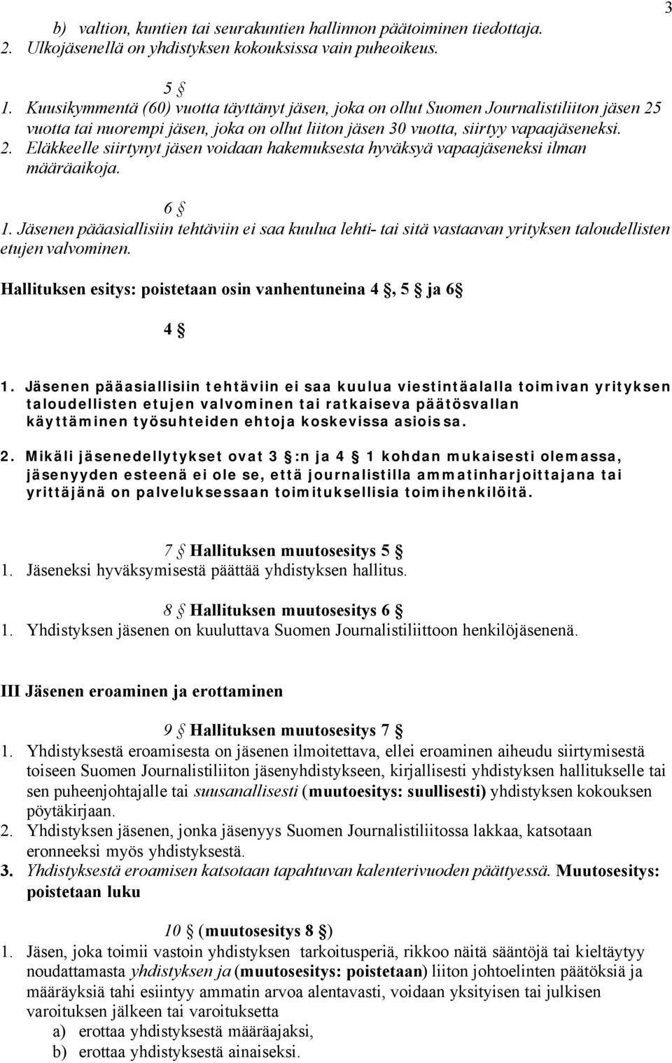 6 1. Jäsenen pääasiallisiin tehtäviin ei saa kuulua lehti- tai sitä vastaavan yrityksen taloudellisten etujen valvominen. Hallituksen esitys: poistetaan osin vanhentuneina 4, 5 ja 6 4 1.