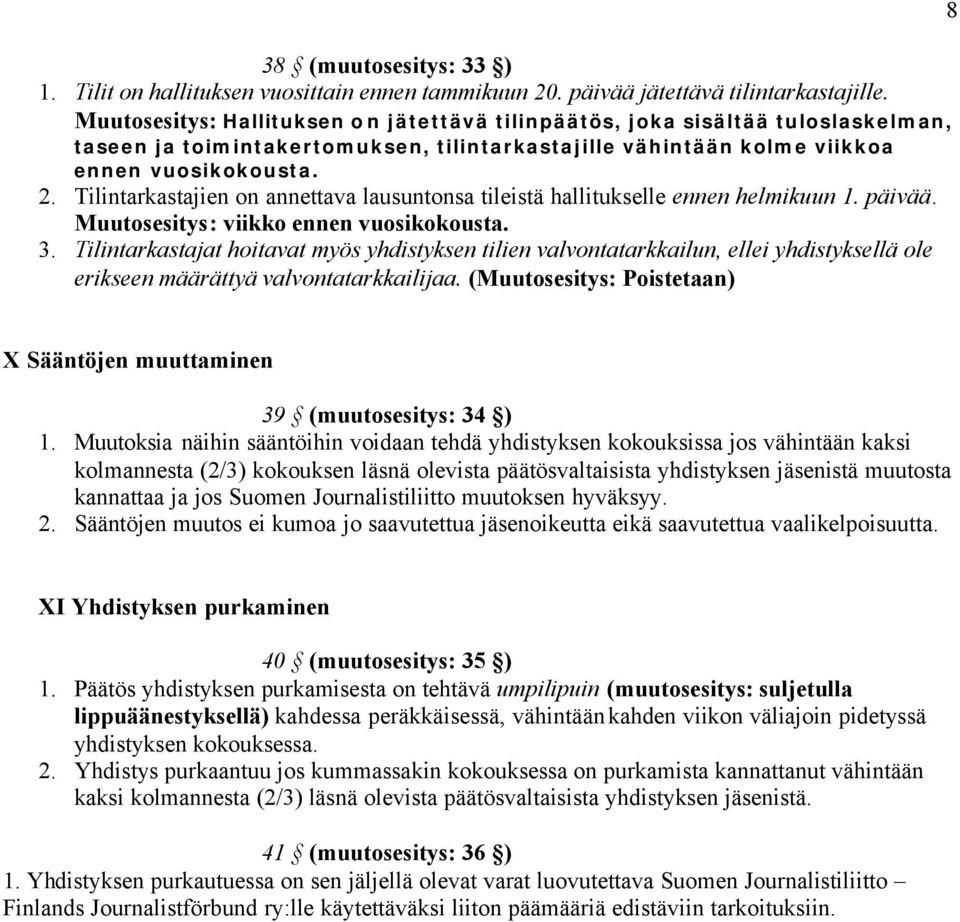 Tilintarkastajien on annettava lausuntonsa tileistä hallitukselle ennen helmikuun 1. päivää. Muutosesitys: viikko ennen vuosikokousta. 3.