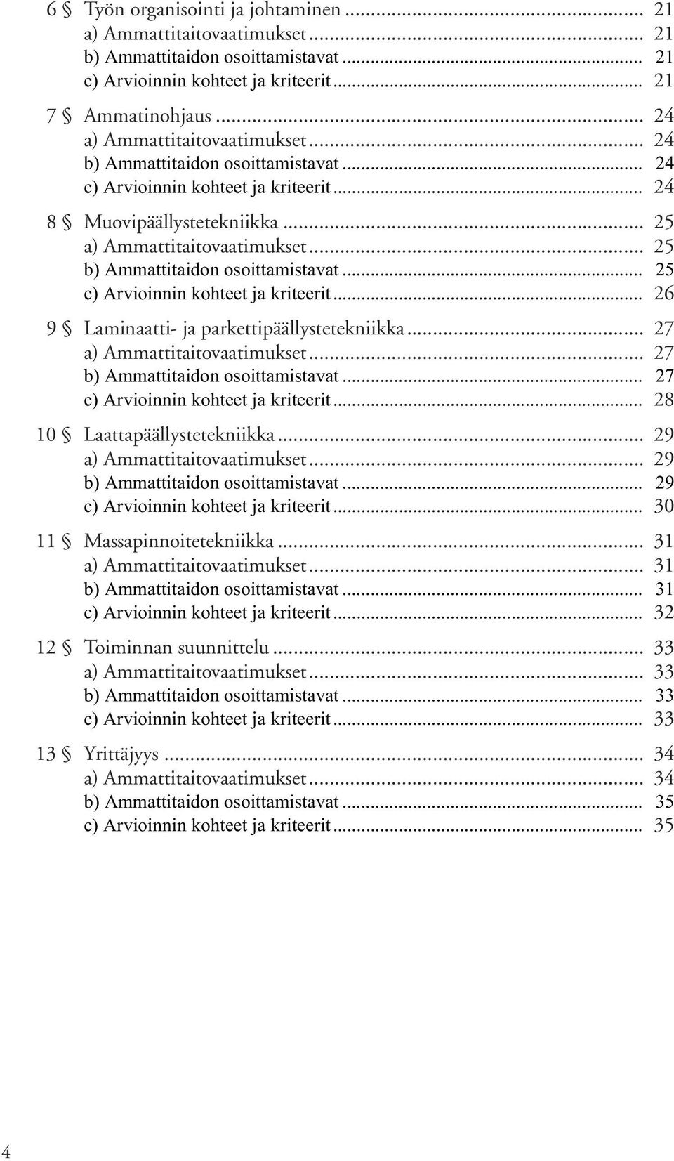 .. 25 c) Arviinnin khteet ja kriteerit... 26 9 Laminaatti- ja parkettipäällystetekniikka... 27 a) Ammattitaitvaatimukset... 27 b) Ammattitaidn sittamistavat... 27 c) Arviinnin khteet ja kriteerit.