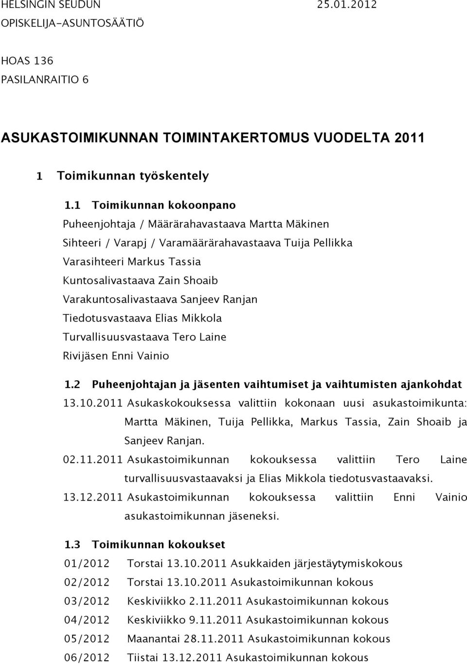 Varakuntosalivastaava Sanjeev Ranjan Tiedotusvastaava Elias Mikkola Turvallisuusvastaava Tero Laine Rivijäsen Enni Vainio 1.2 Puheenjohtajan ja jäsenten vaihtumiset ja vaihtumisten ajankohdat 13.10.