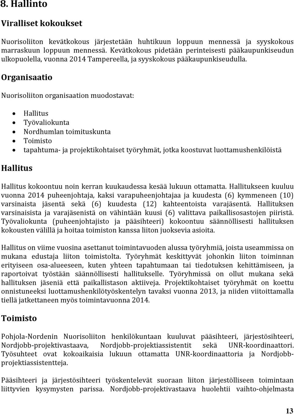 Organisaatio Nuorisoliiton organisaation muodostavat: Hallitus Työvaliokunta Nordhumlan toimituskunta Toimisto tapahtuma- ja projektikohtaiset työryhmät, jotka koostuvat luottamushenkilöistä Hallitus