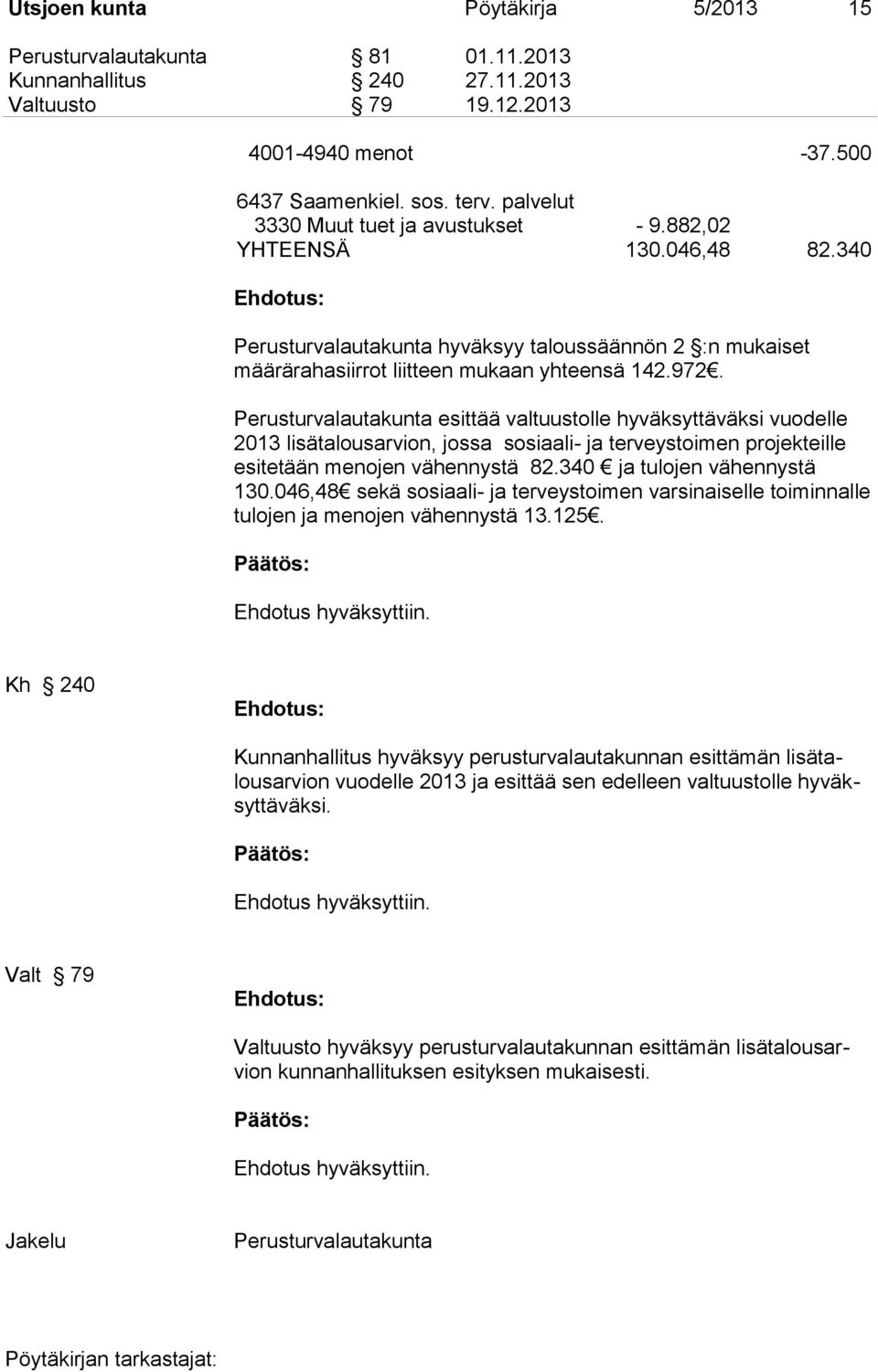 Perusturvalautakunta esittää valtuustolle hyväksyttäväksi vuodelle 2013 lisätalousarvion, jossa sosiaali- ja terveystoimen projekteille esitetään menojen vähennystä 82.340 ja tulojen vähennystä 130.