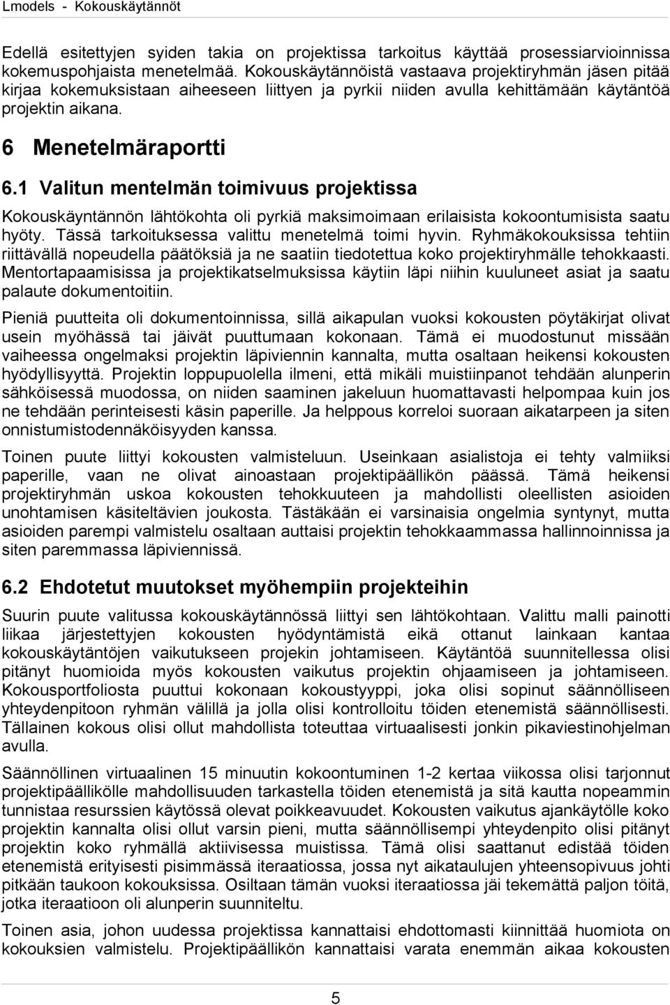 1 Valitun mentelmän toimivuus projektissa Kokouskäyntännön lähtökohta oli pyrkiä maksimoimaan erilaisista kokoontumisista saatu hyöty. Tässä tarkoituksessa valittu menetelmä toimi hyvin.