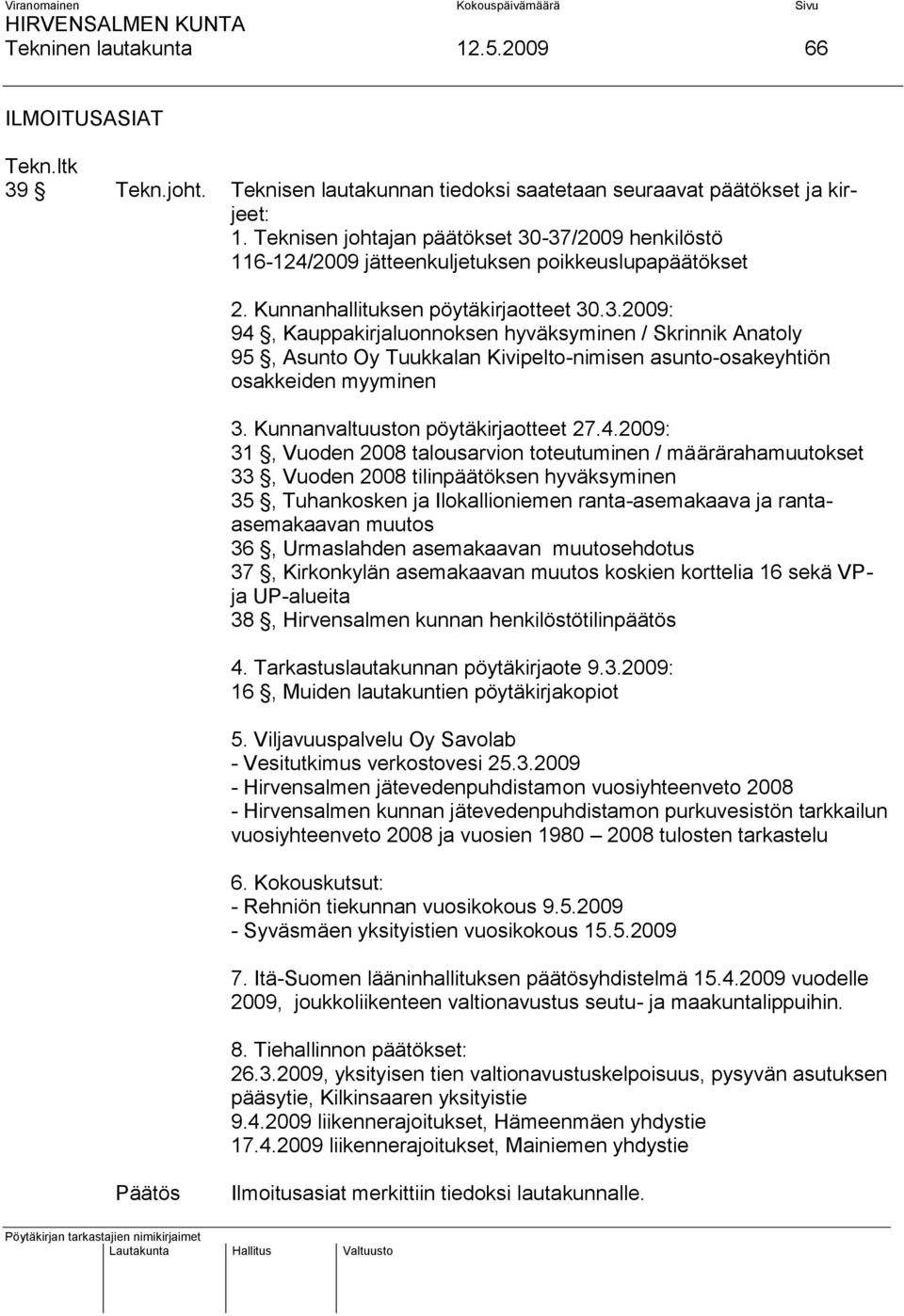 Kunnanvaltuuston pöytäkirjaotteet 27.4.