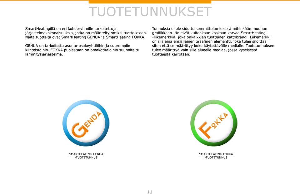 Tunnuksia ei ole sidottu sommittelumielessä mihinkään muuhun grafiikkaan. Ne eivät kuitenkaan koskaan korvaa SmartHeating -liikemerkkiä, joka onkaikkien tuotteiden kattobrändi.
