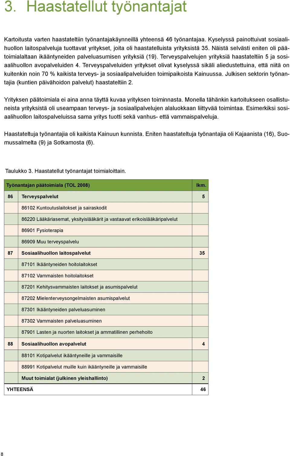 Näistä selvästi eniten oli päätoimialaltaan ikääntyneiden palveluasumisen yrityksiä (19). Terveyspalvelujen yrityksiä haastateltiin 5 ja sosiaalihuollon avopalveluiden 4.