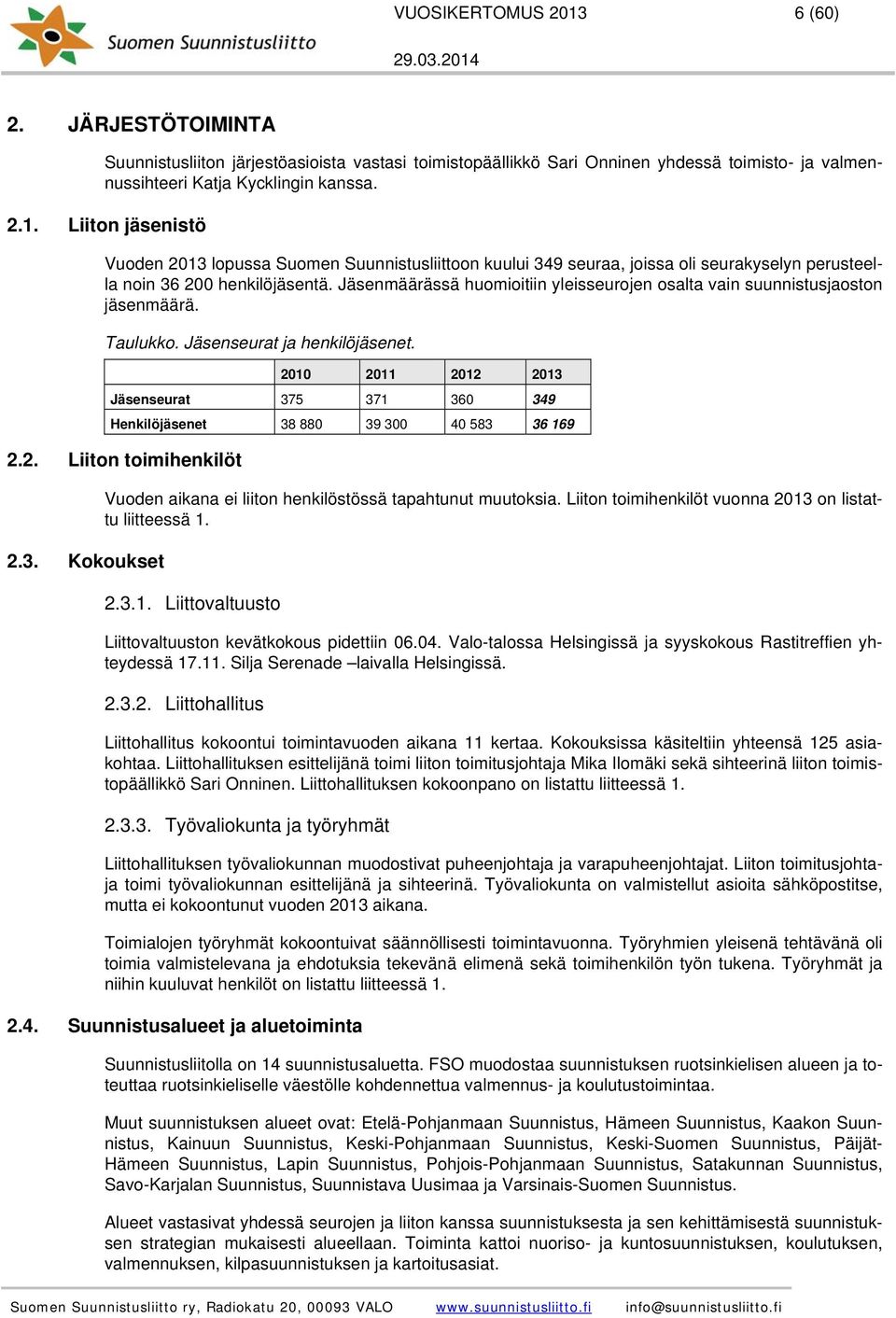 2010 2011 2012 2013 Jäsenseurat 375 371 360 349 Henkilöjäsenet 38 880 39 300 40 583 36 169 2.2. Liiton toimihenkilöt 2.3. Kokoukset Vuoden aikana ei liiton henkilöstössä tapahtunut muutoksia.