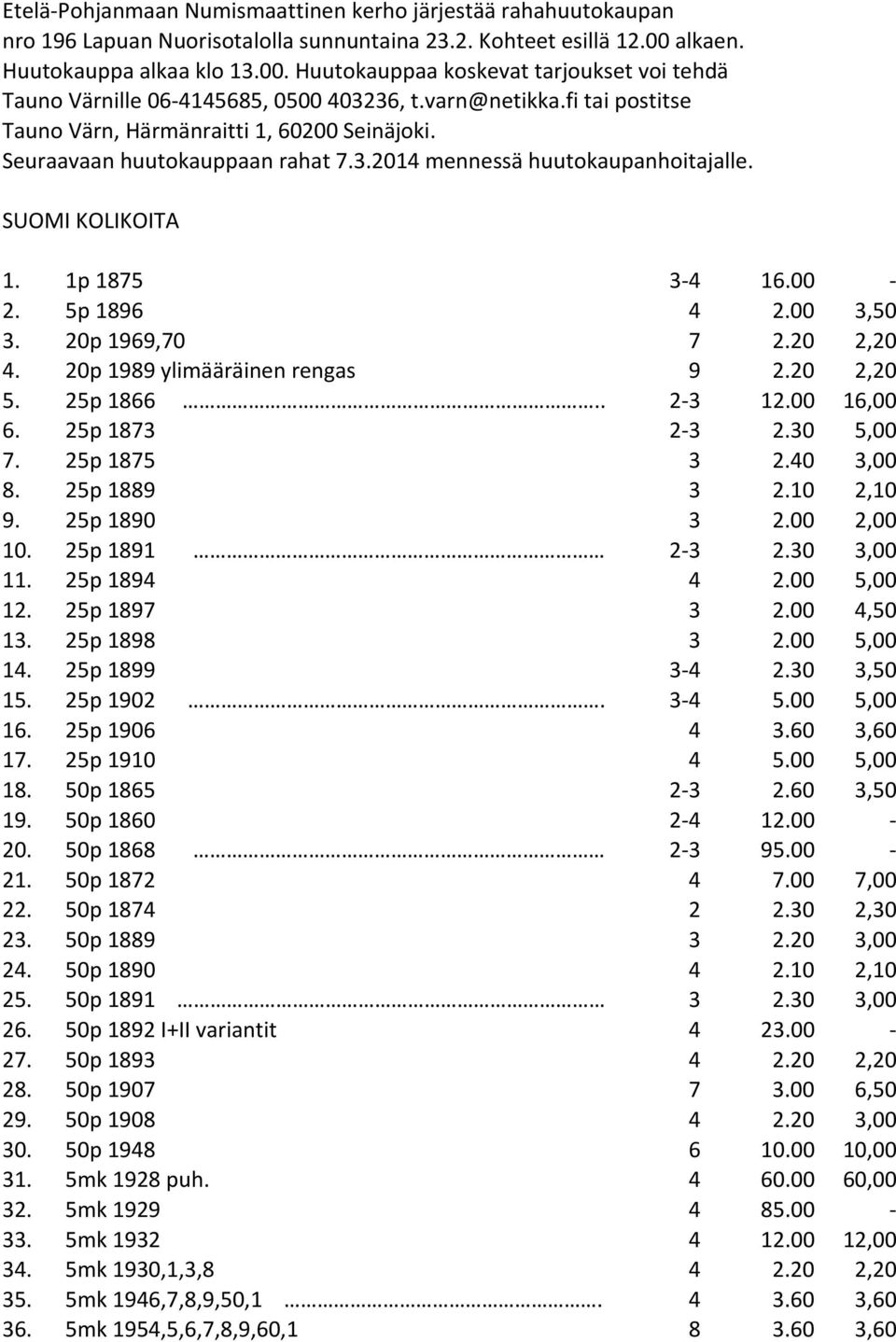 Seuraavaan huutokauppaan rahat 7.3.2014 mennessä huutokaupanhoitajalle. SUOMI KOLIKOITA 1. 1p 1875 3-4 16.00-2. 5p 1896 4 2.00 3,50 3. 20p 1969,70 7 2.20 2,20 4. 20p 1989 ylimääräinen rengas 9 2.
