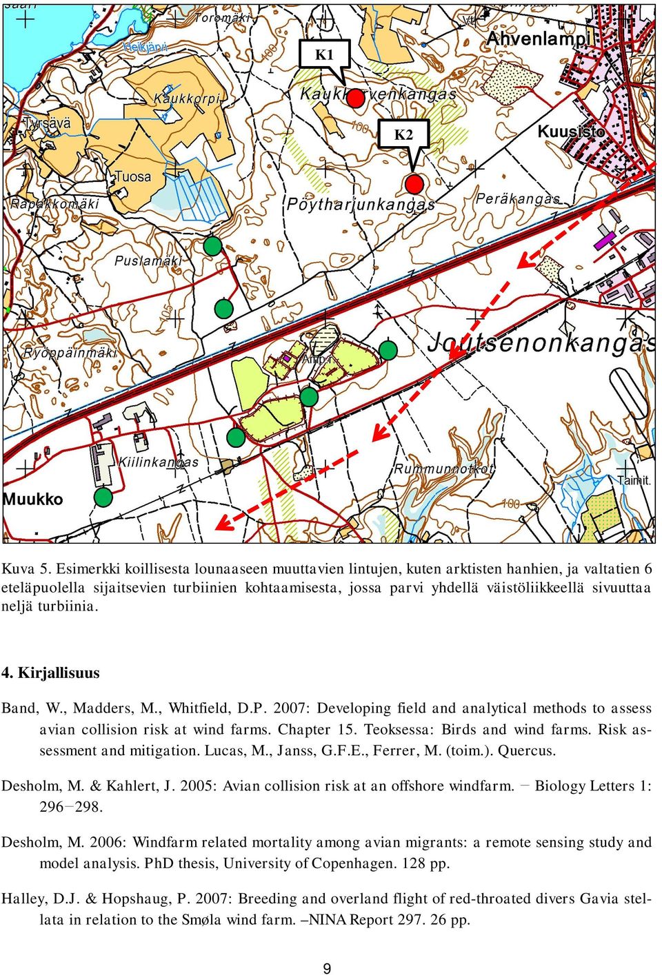 turbiinia. 4. Kirjallisuus Band, W., Madders, M., Whitfield, D.P. 2007: Developing field and analytical methods to assess avian collision risk at wind farms. Chapter 15.