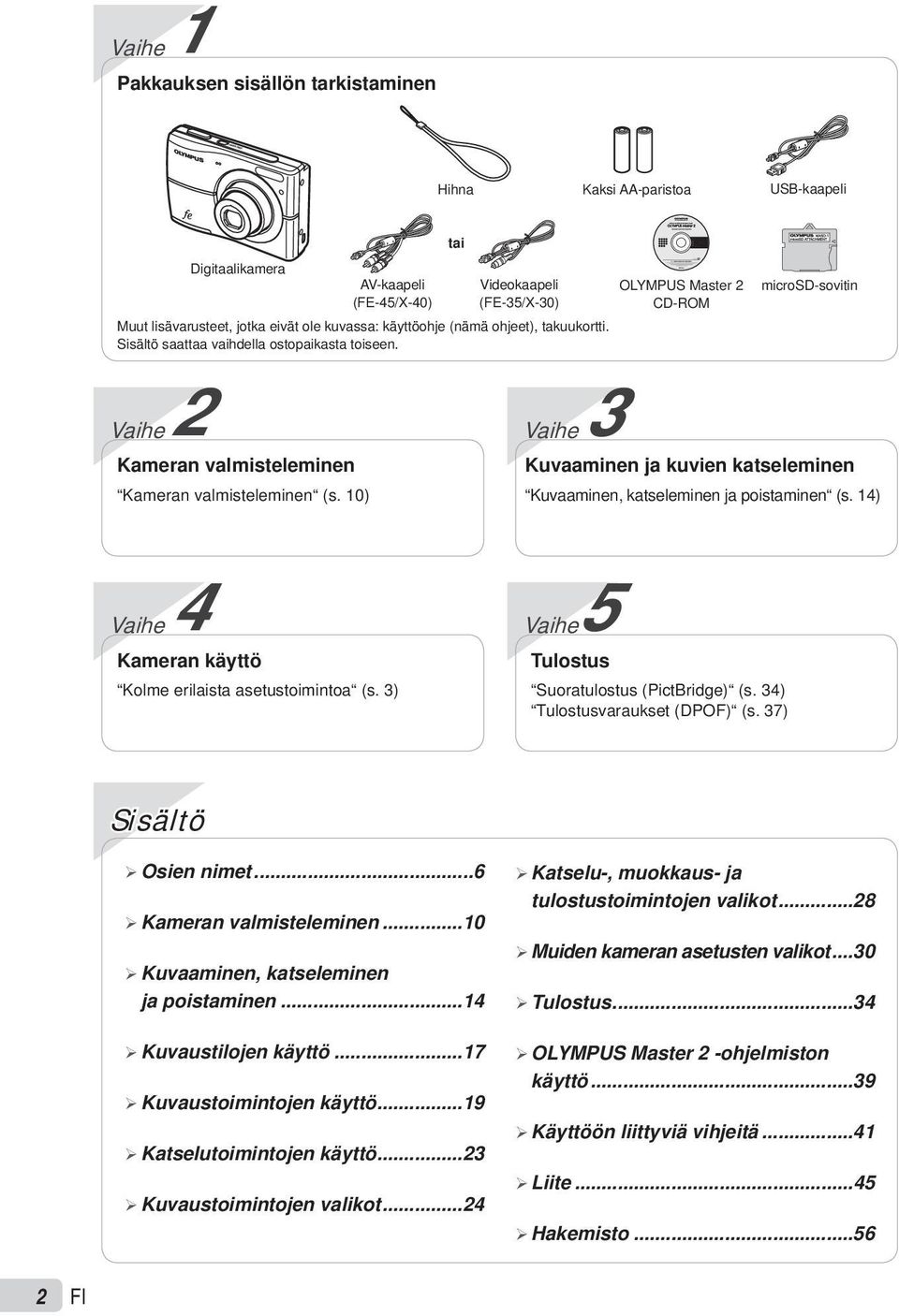 10) Kuvaaminen ja kuvien katseleminen Kuvaaminen, katseleminen ja poistaminen (s. 14) Vaihe 4 Kameran käyttö Kolme erilaista asetustoimintoa (s. 3) Vaihe5 Tulostus Suoratulostus (PictBridge) (s.